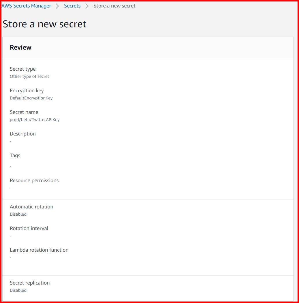 Picture showing the review screen before creating the secret